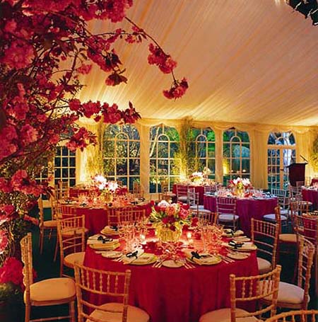 Marquee interior decorated with blossom and candlelight
